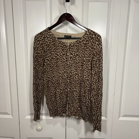 George Women’s L Leopard Print Button Front Cardigan Sweater Brown Tan Animal - Picture 1 of 7